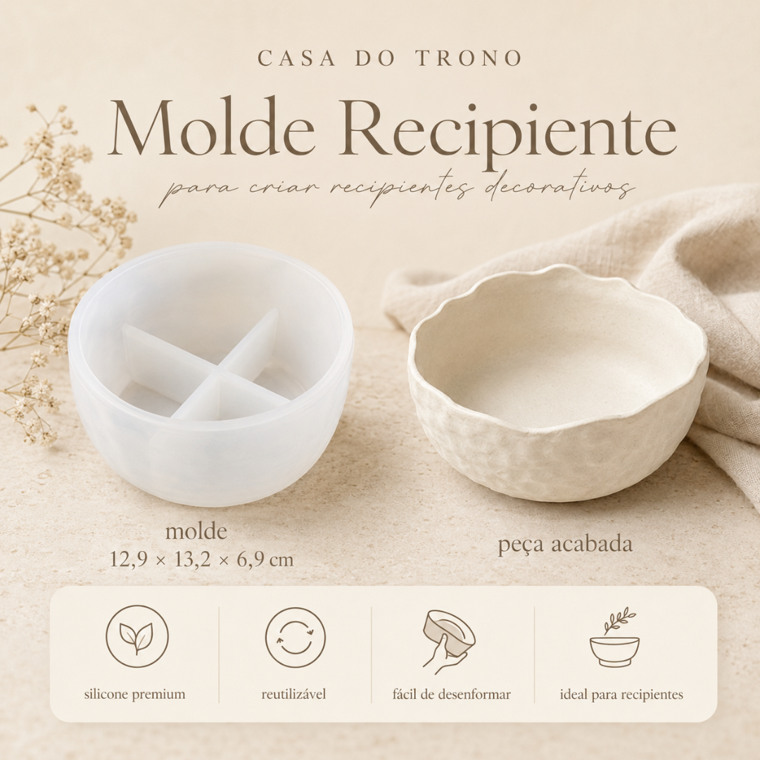 Molde de recipiente em silicone branco com divisórias e peça acabada texturizada cor bege