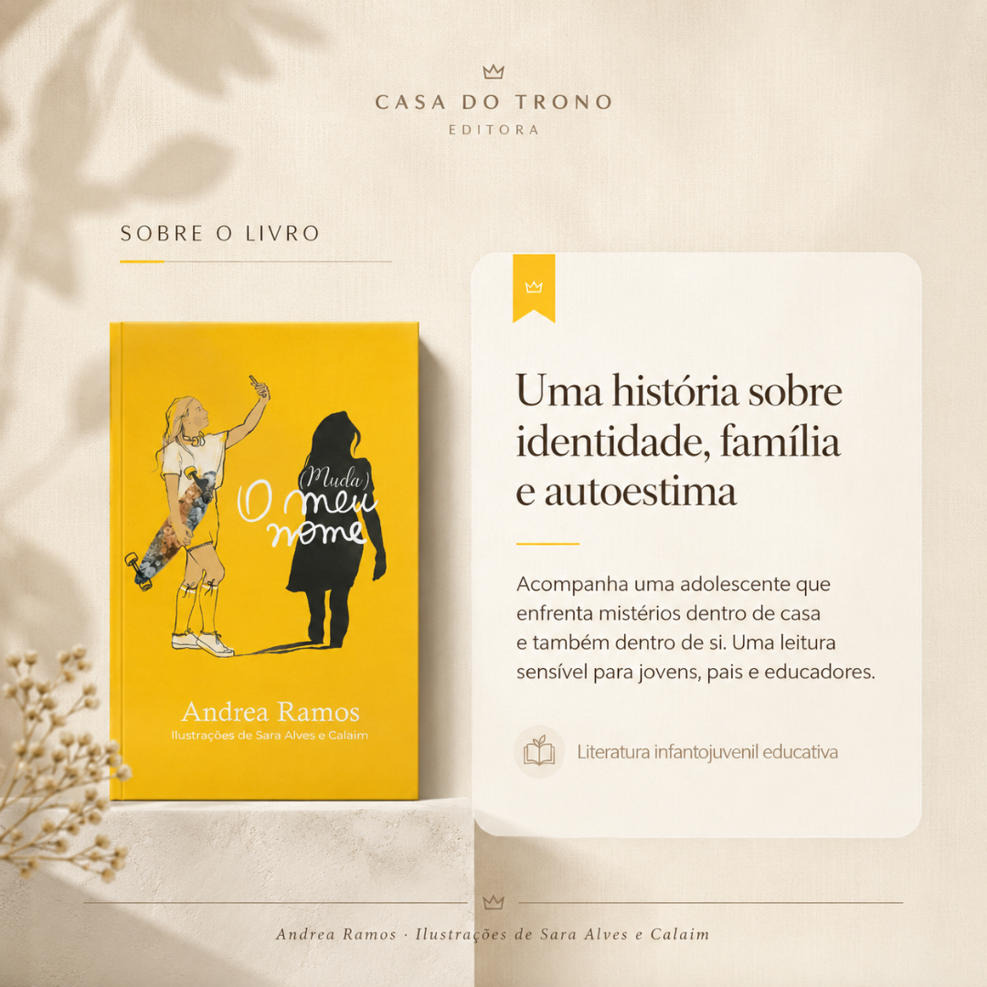 Capa de livro amarelo com ilustração de rapariga e sombra, texto sobre identidade e família