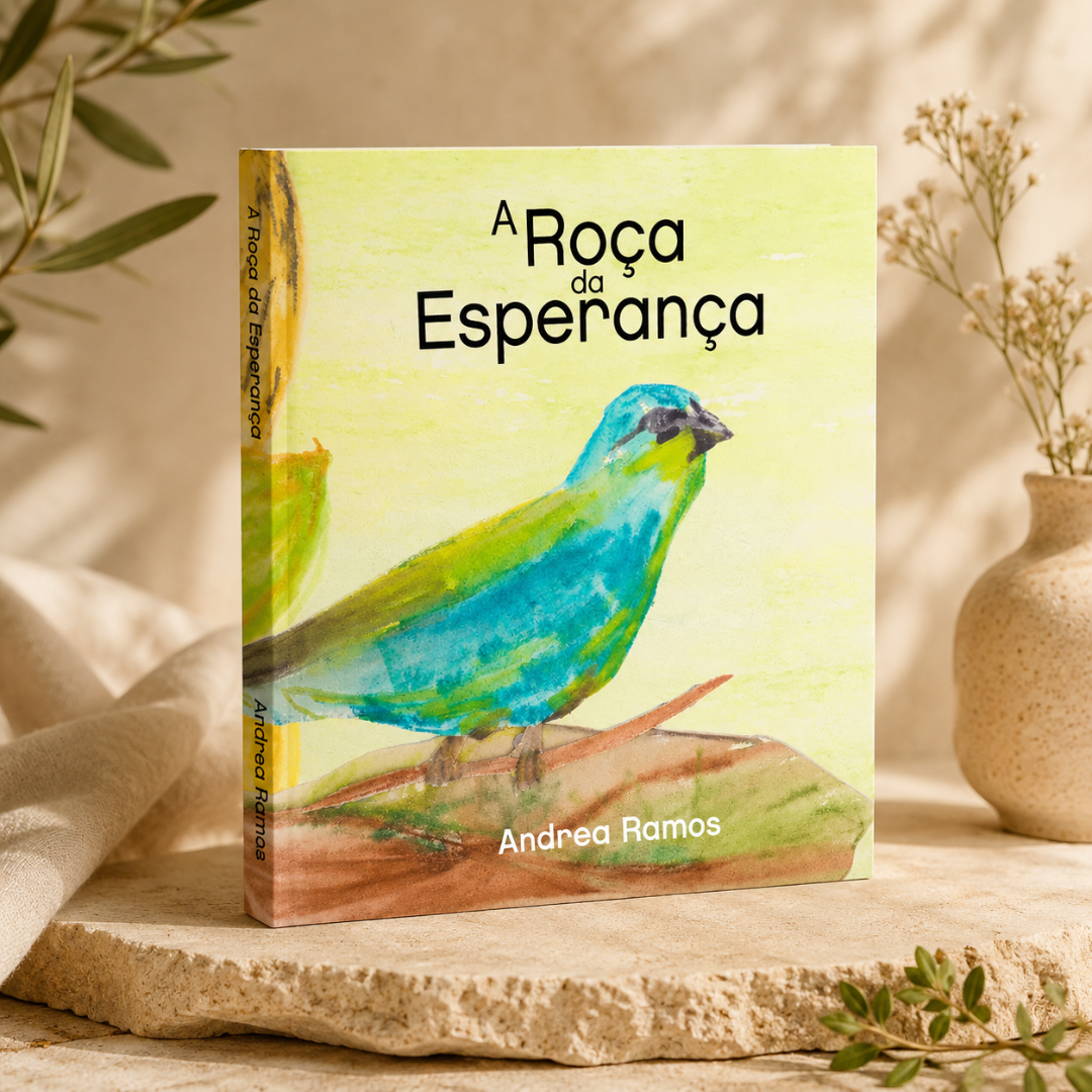 Capa de livro com ilustração de pássaro azul e verde e título A Roça da Esperança