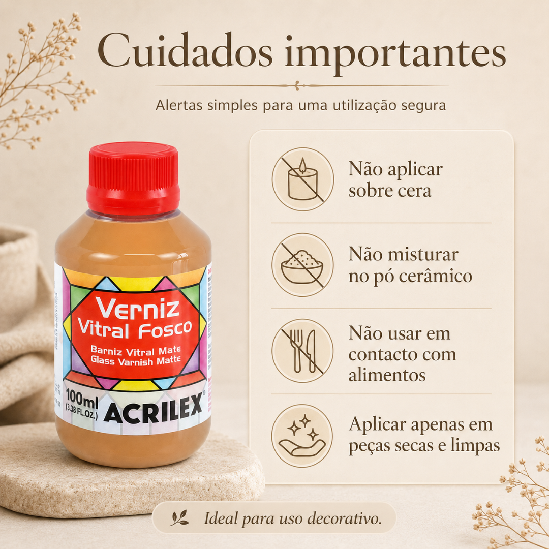 Frasco de verniz vitral fosco Acrilex com tampa vermelha e texto de cuidados ao lado.