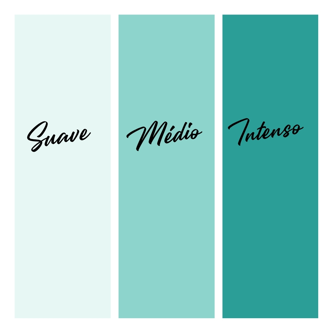 Painéis de cores azuis com texto em português a indicar intensidade: Suave, Médio, Intenso