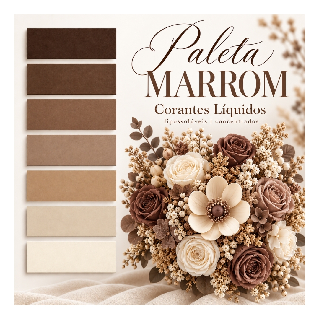 Paleta de cores marrons com arranjo floral decorativo e texto em fundo creme