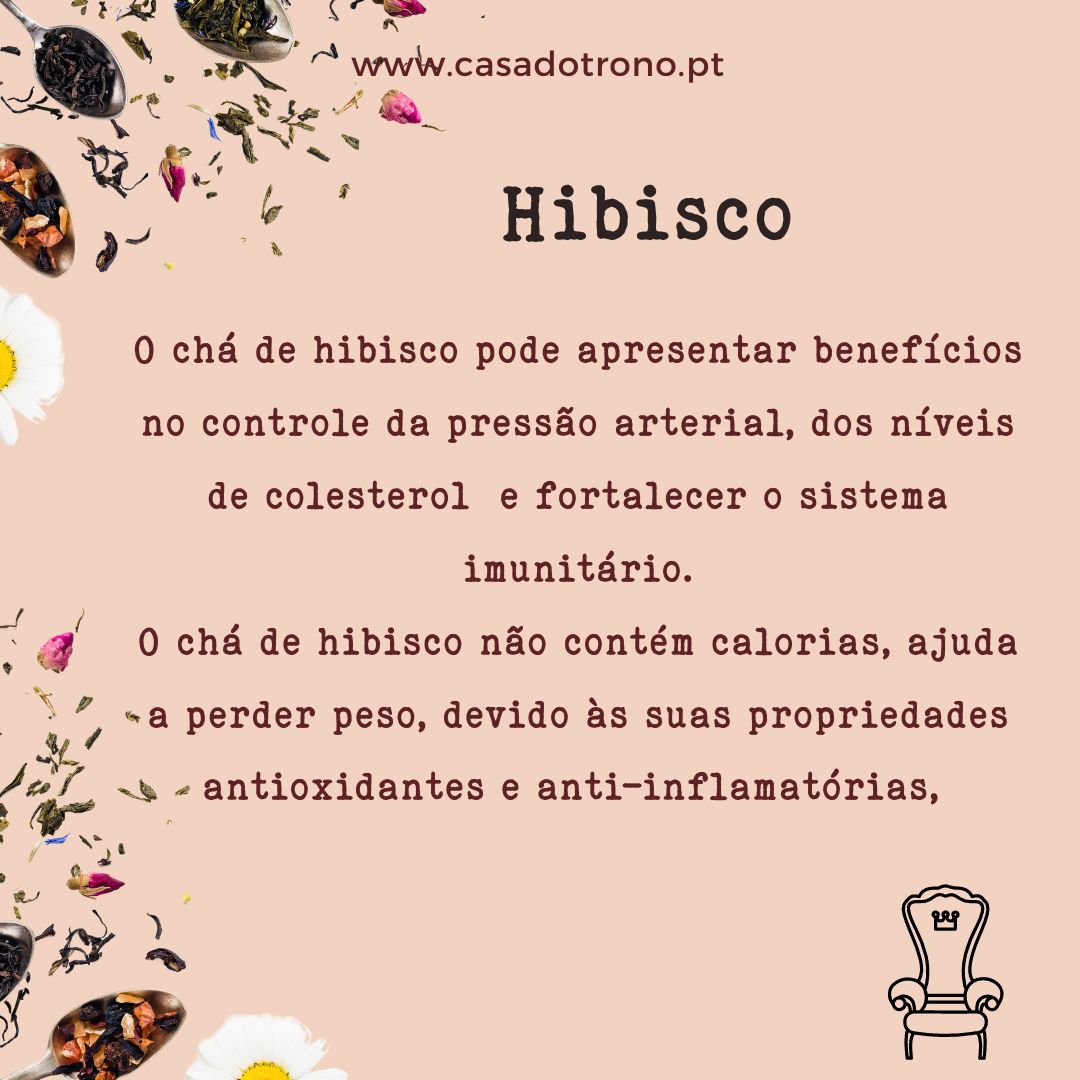 Divulgação de chá de hibisco com texto e ilustrações de folhas e flores em fundo bege