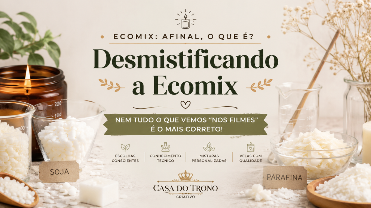 Desmistificando a Ecomix Imagem de ceras em recipientes com rótulos soja e parafina e texto promocional Ecomix Casa do Trono