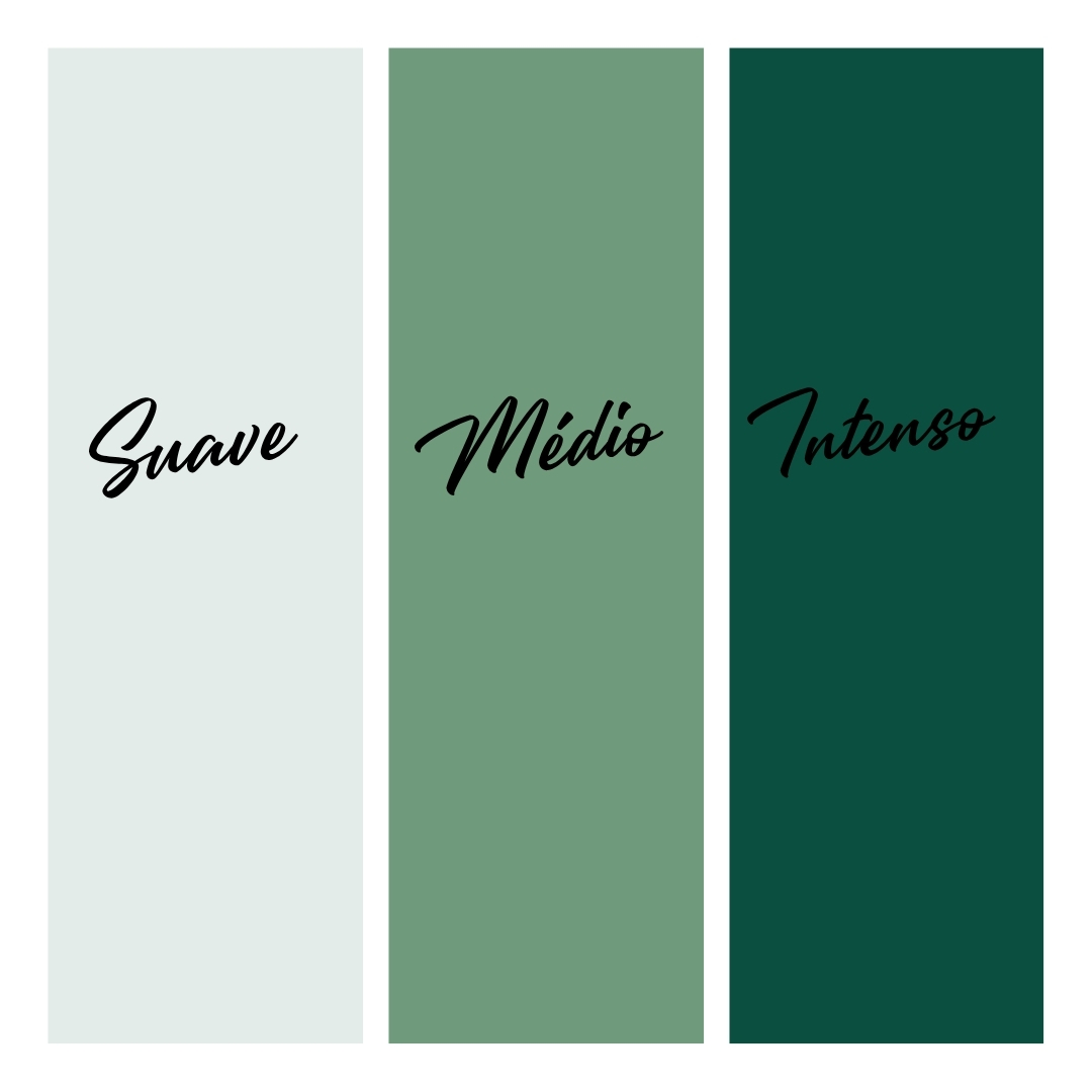 Três painéis verticais em tons de verde com texto Suave, Médio e Intenso.