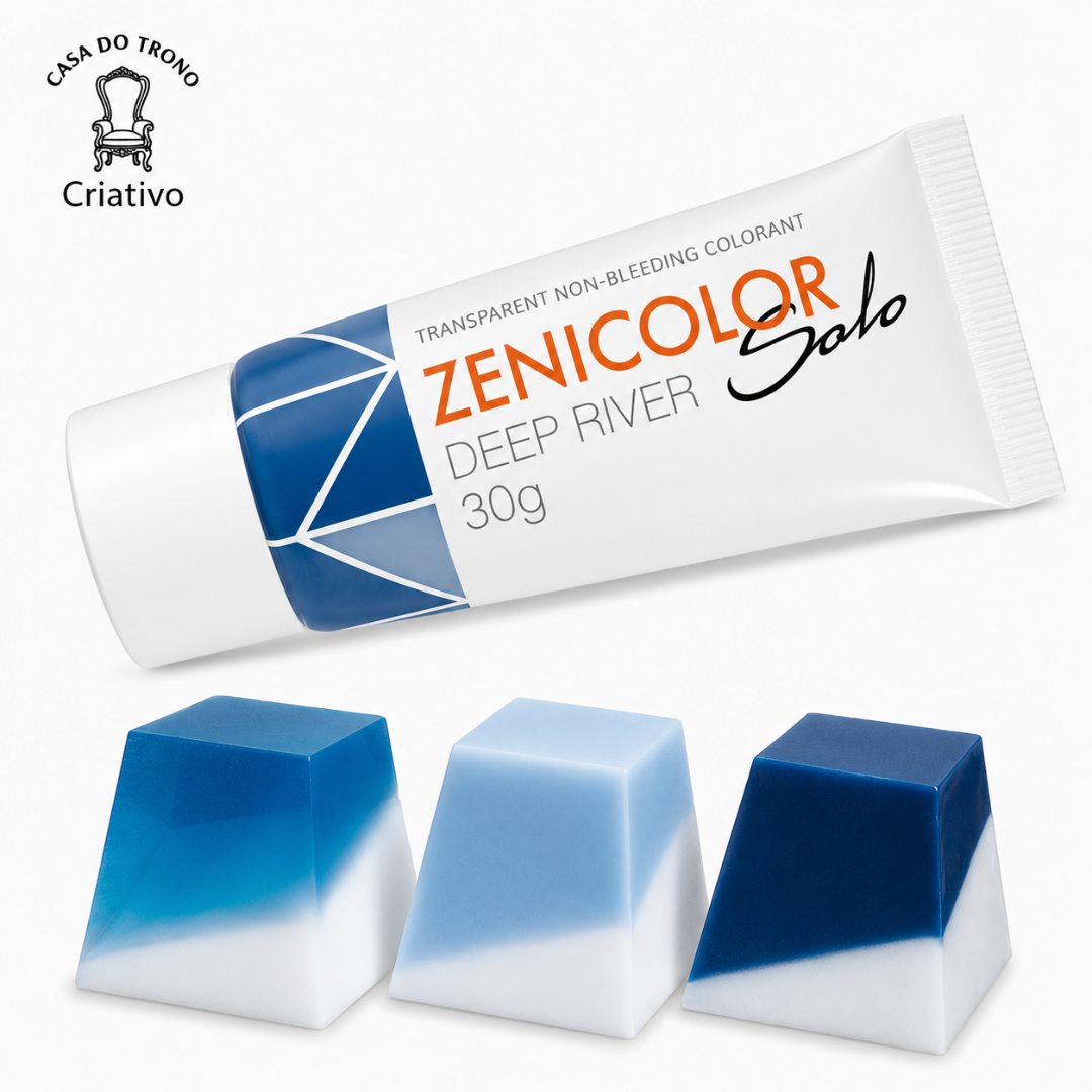 Tubo de tinta azul ZENICOLOR e três blocos trapezoidais azuis e brancos