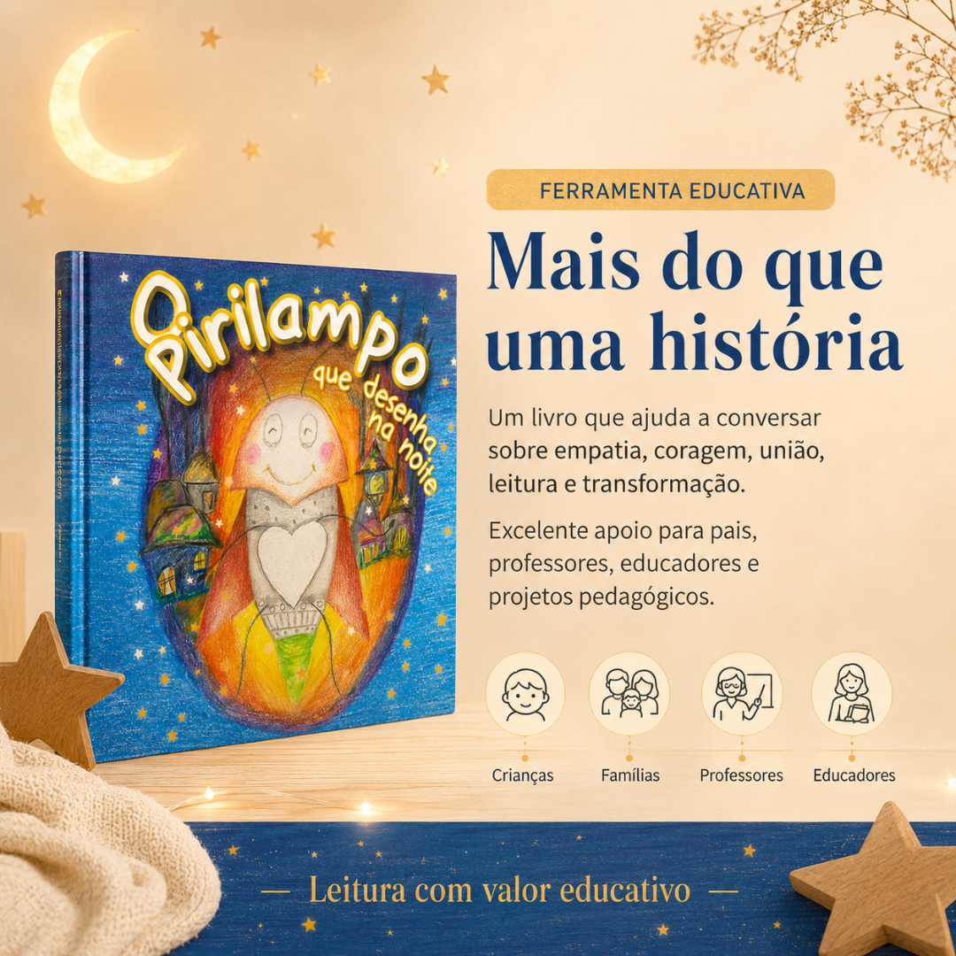 Capa do livro ilustrado Pirilampo que desenha na noite com texto educativo numa superfície de madeira e decoração de estrelas