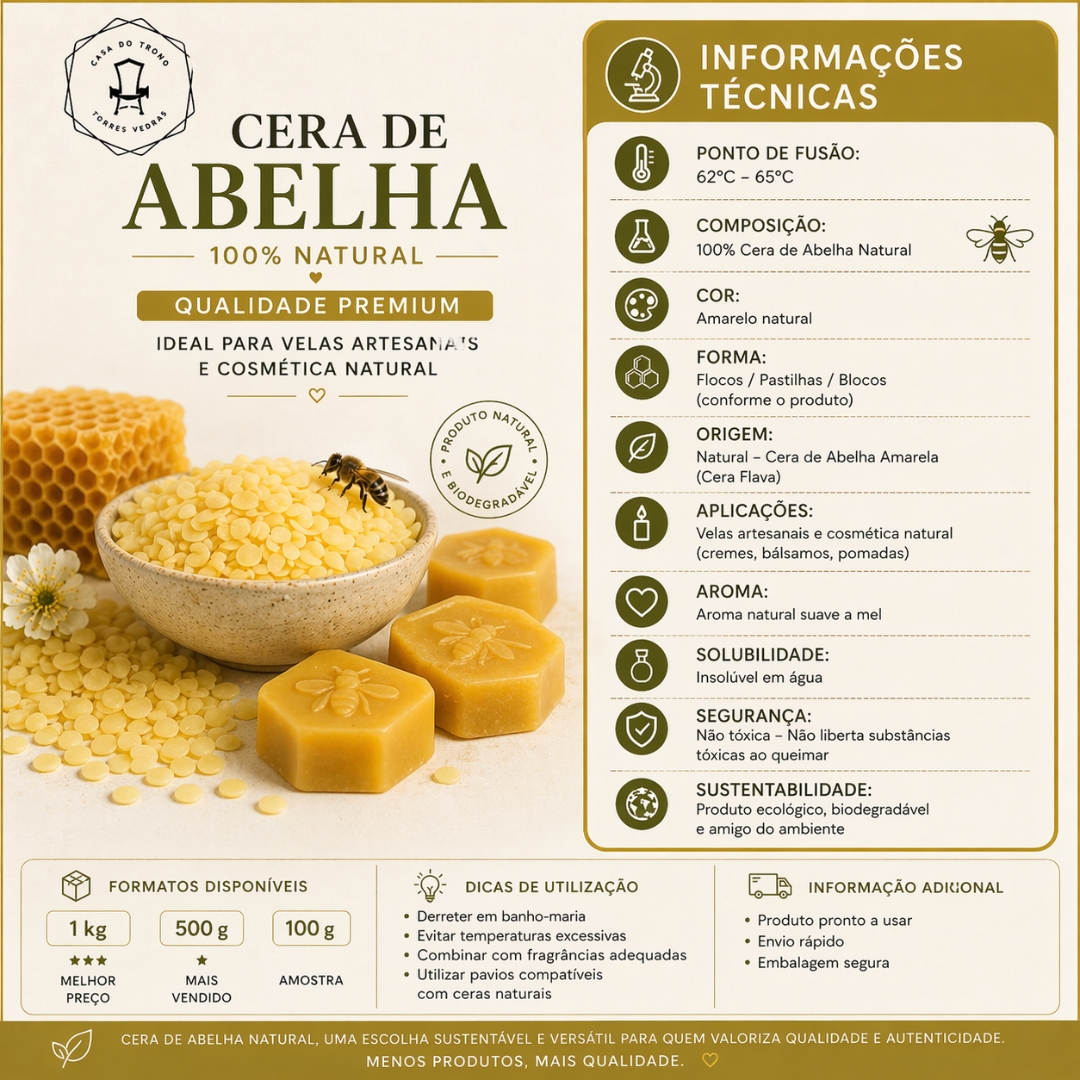Embalagem de cera de abelha natural com flocos e blocos amarelos e informações técnicas