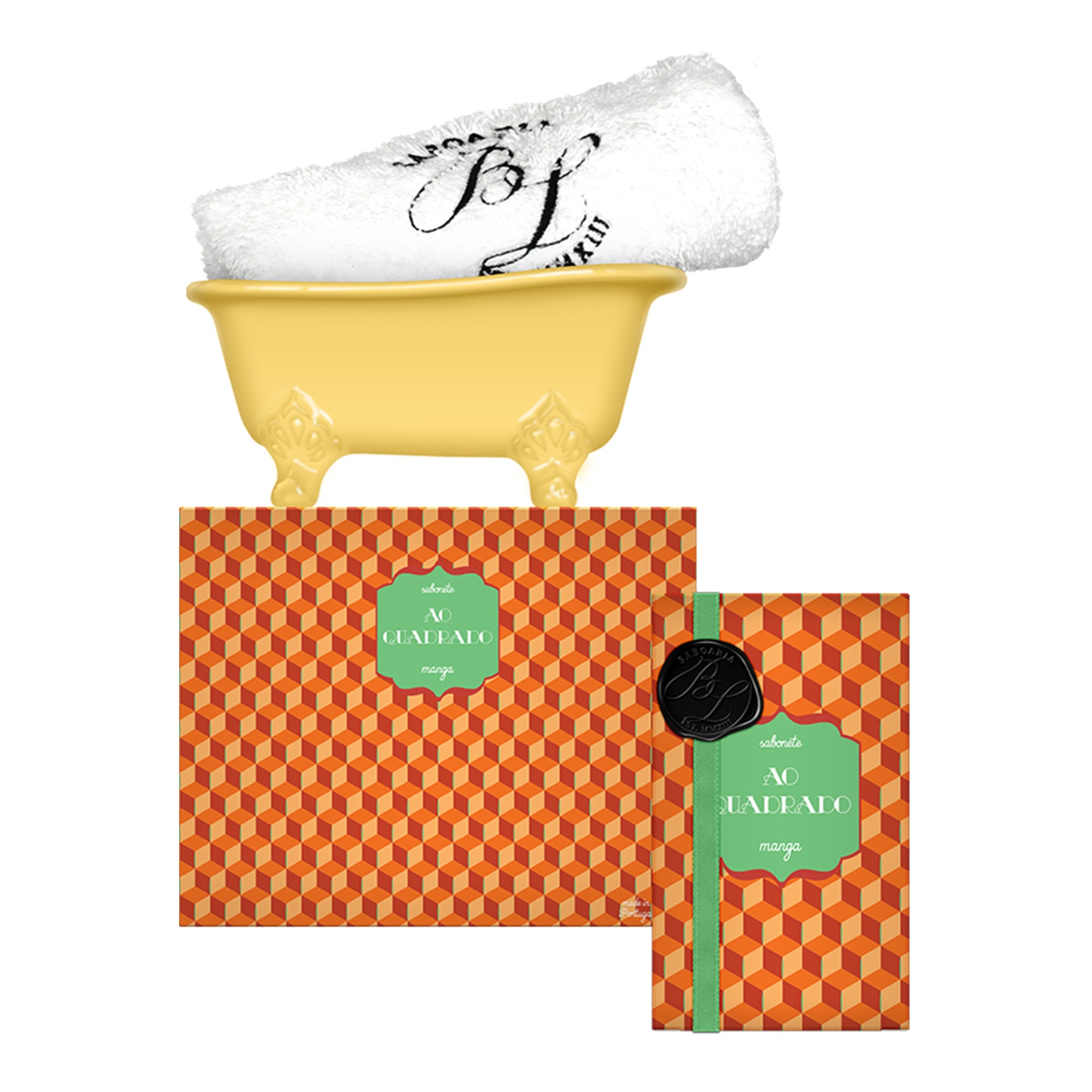 Conjunto de banho com toalha branca, banheira amarela e caixas decorativas laranjas com etiquetas verdes