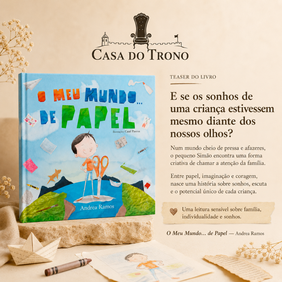 Capa do livro infantil O MEU MUNDO DE PAPEL com ilustração colorida e texto de apresentação ao lado