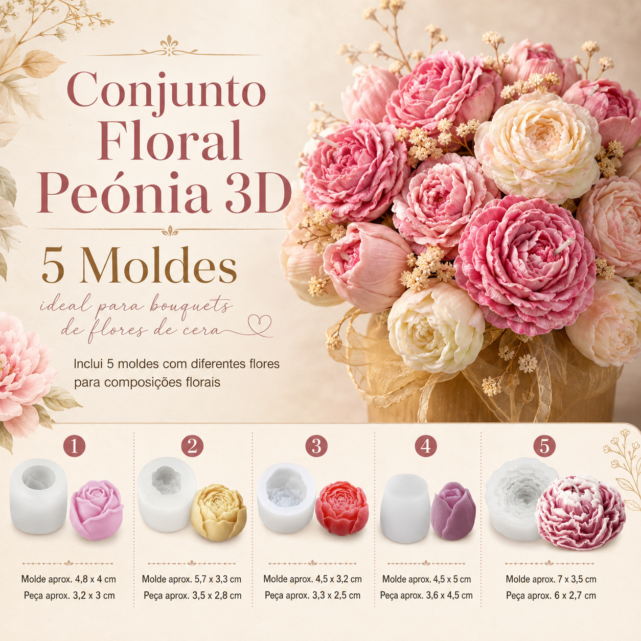 Conjunto Floral Peónia — 5 Moldes de Silicone