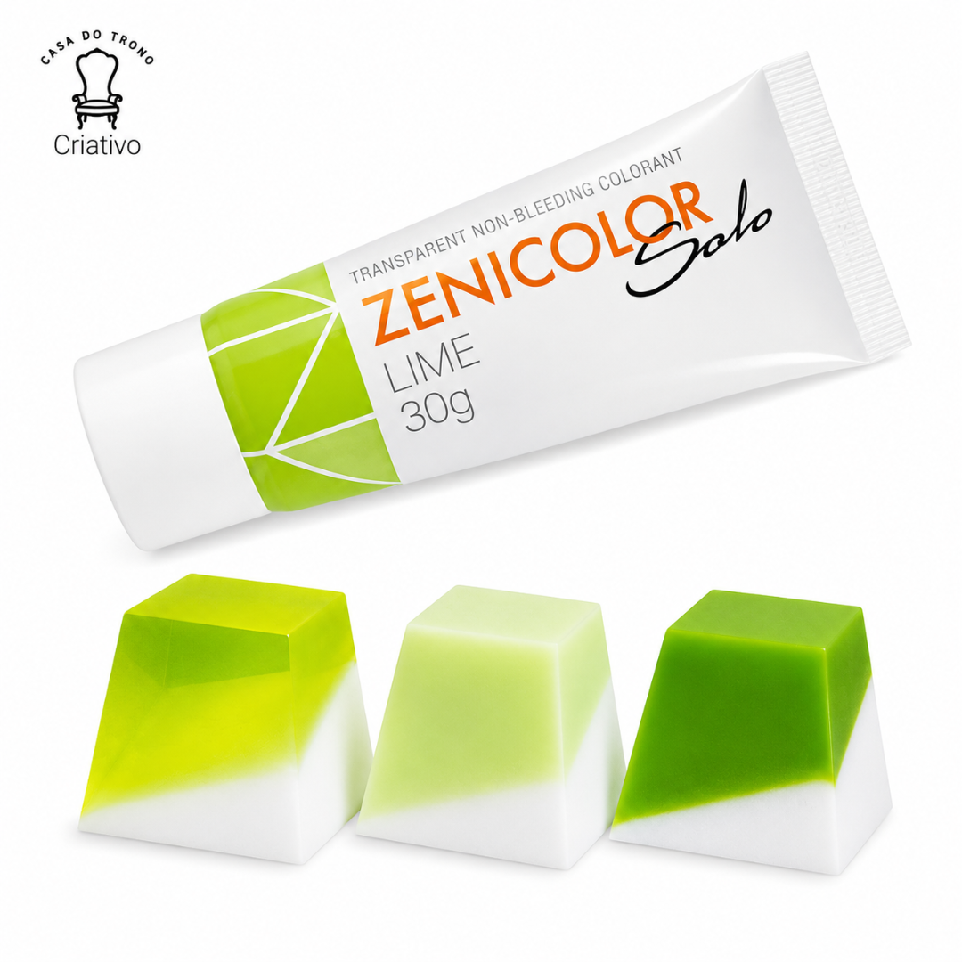 Tubo de corante transparente Zenicolor Solo Lime 30g com três blocos de cor verde e branco