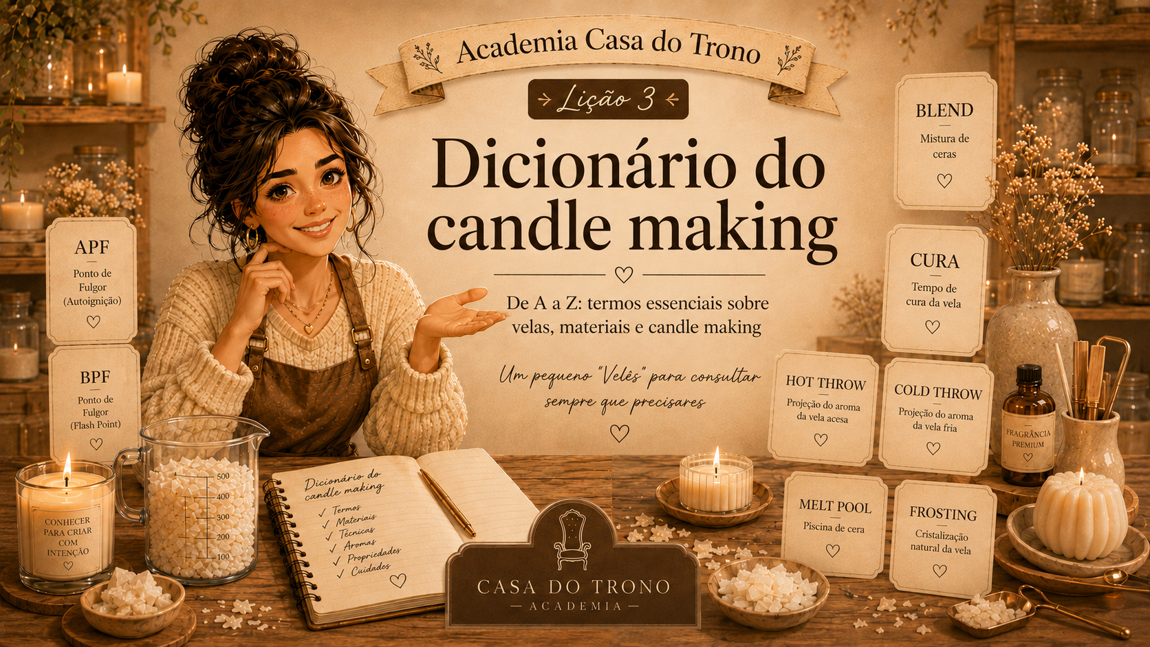Lição N.º 3 — De A a Z: o Dicionário do candle making Lição 3 do Dicionário do candle making com mulher sorridente, velas, cera branca, utensílios e textos explicativos em português