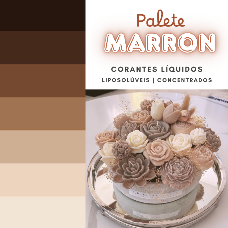 Paleta de tons marrons e arranjo de flores artificiais em tom neutro sobre bandeja metálica