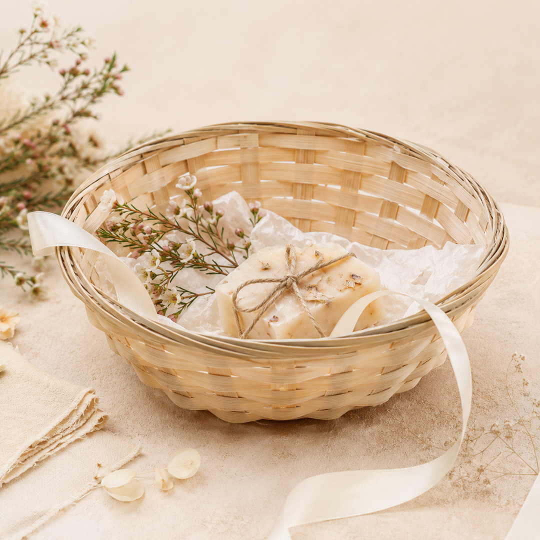 Cesta com sabonete artesanal e flores secas