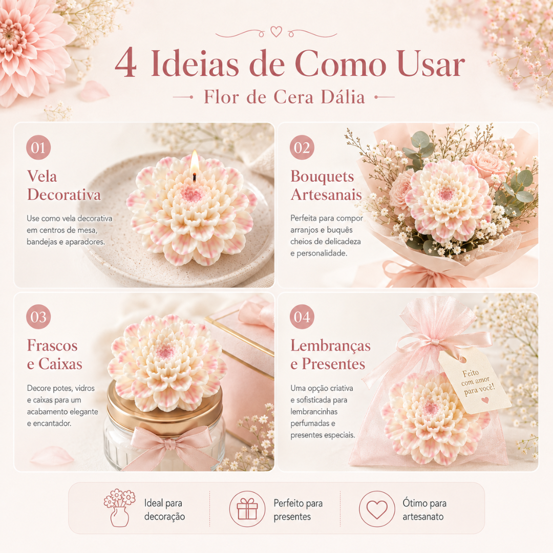 4 ideias para usar flor de cera Dália em vela, bouquets, frascos, caixas, lembranças e presentes em tons rosa e bege