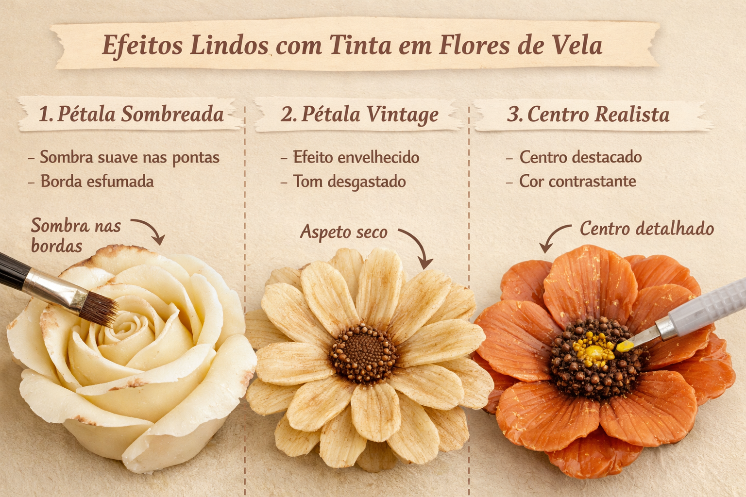 três flores decorativas de cera com técnicas diferentes de pintura com tinta