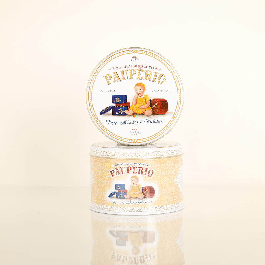 Lata redonda decorativa de bolachas Paupério com imagem de bebé e biscoitos