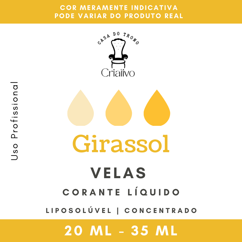 Rótulo de corante líquido lipossolúvel para velas, cor Girassol, tela branca com texto e gotas amarelas