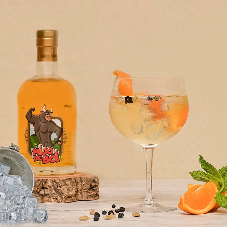 Garrafa de bebida com rótulo de touro e cocktail em copo com gelo e decoração de laranja