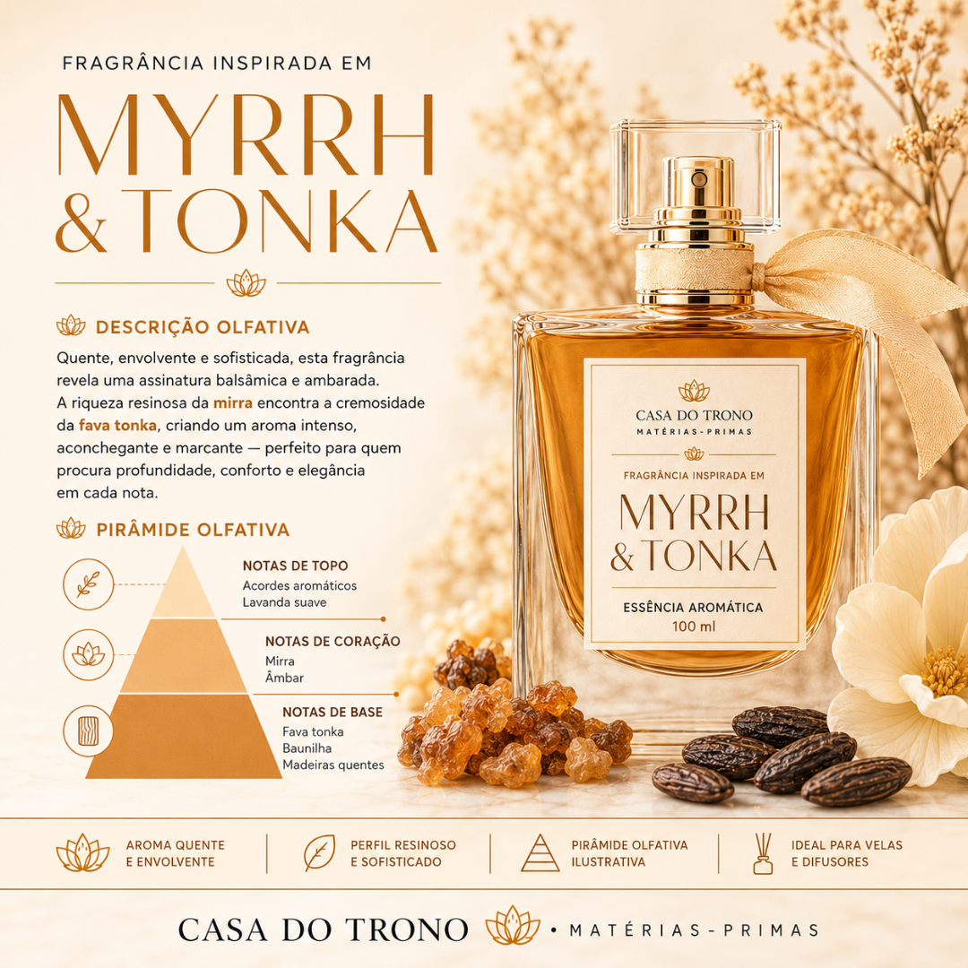 Fragrância inspirada em Myrrh & Tonka em garrafa de vidro com rótulo e laço, acompanhada de cristais de mirra, fava tonka e flores secas