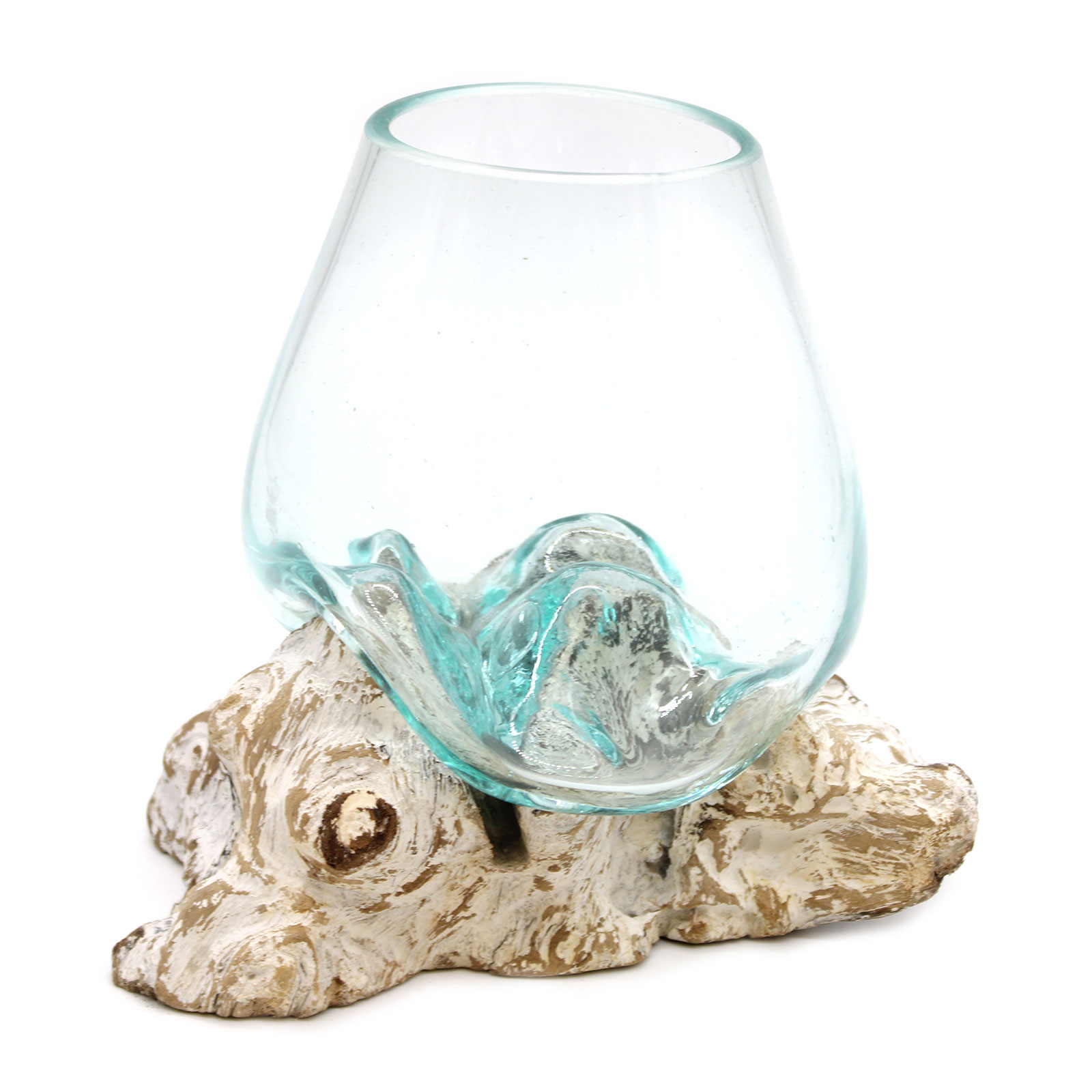 vaso de vidro transparente com base decorativa bege e castanha