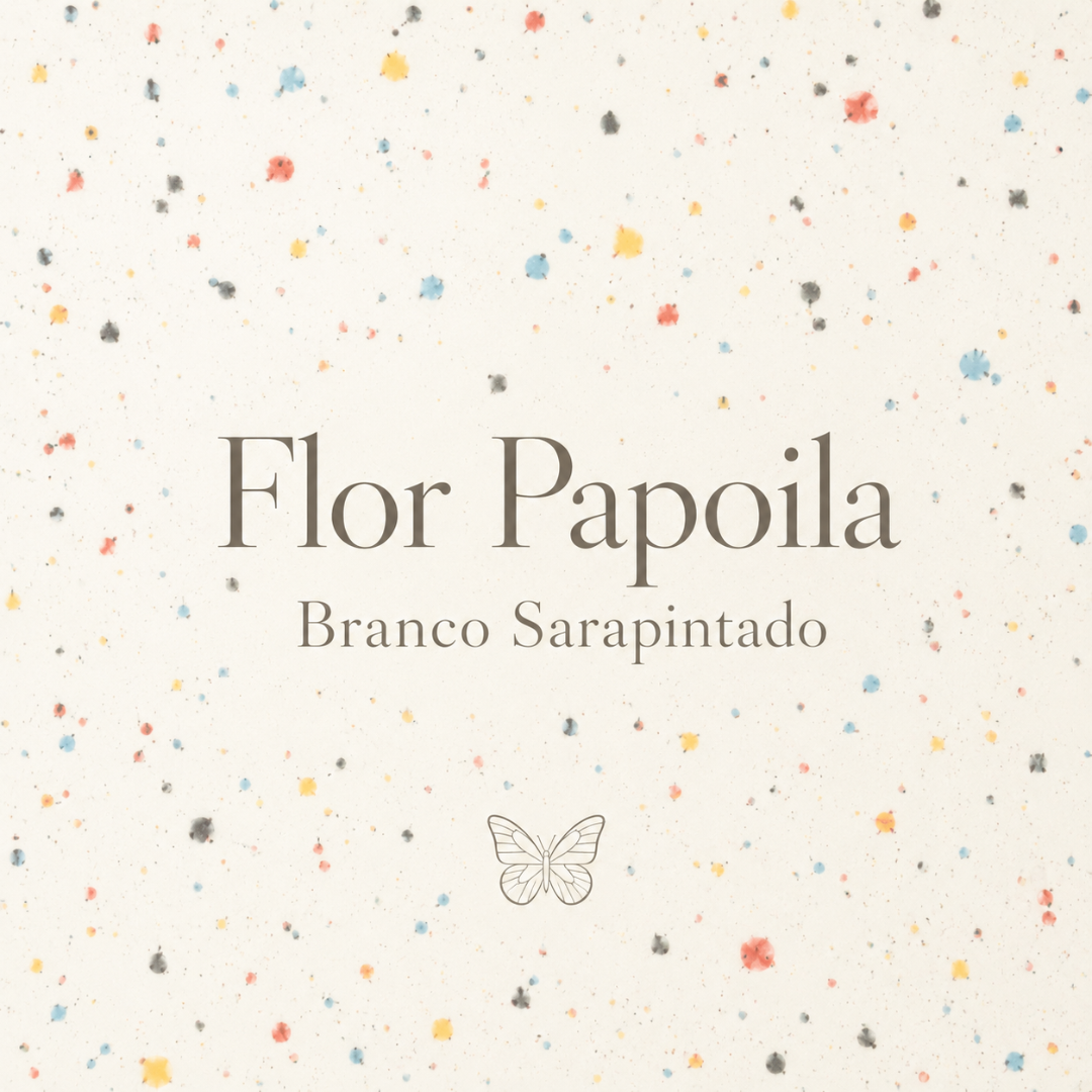 Fundo branco com manchas coloridas e texto Flor Papoila Branco Sarapintado