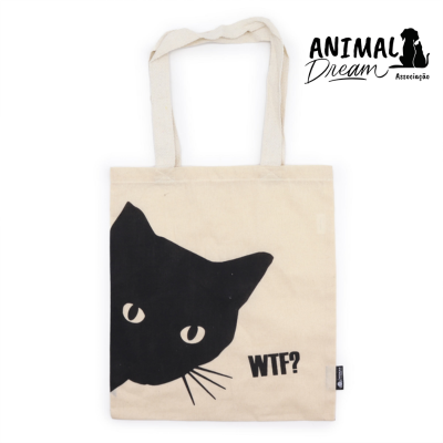 Saco de tecido bege com gato preto e texto WTF?