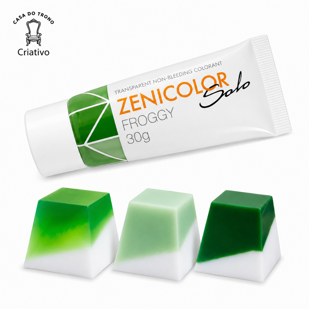 Tubo de tinta verde ZENICOLOR Solo FROGGY 30g ao lado de três amostras de cor em verde e branco.