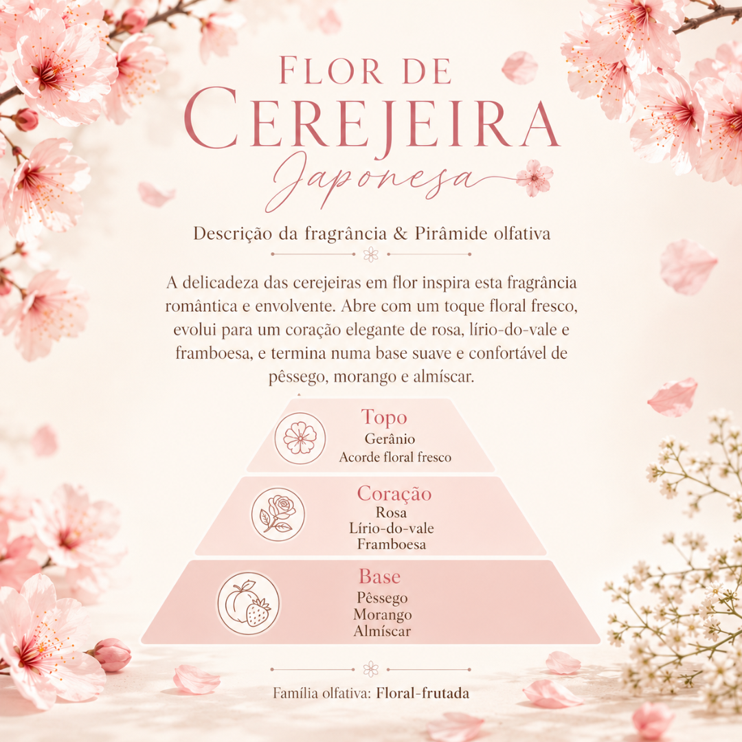 Descrição da fragrância Flor de Cerejeira Japonesa com pirâmide olfativa e flores de cerejeira rosa