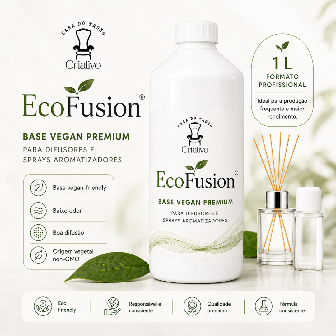 Produto EcoFusion Base Vegan Premium para difusores e sprays aromatizadores em embalagem branca com texto e folhas verdes