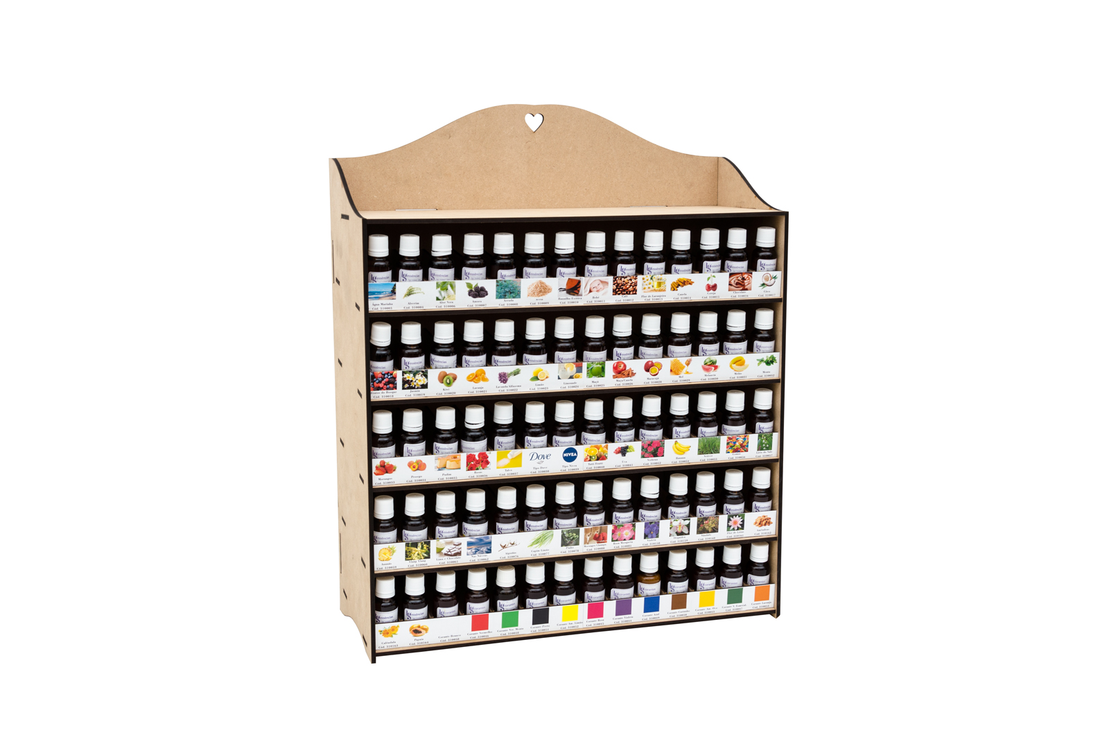 expositor de madeira com frascos pequenos coloridos