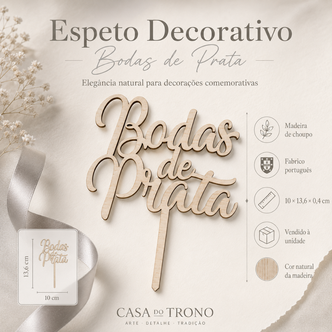 Espeto decorativo de madeira clara com texto Bodas de Prata