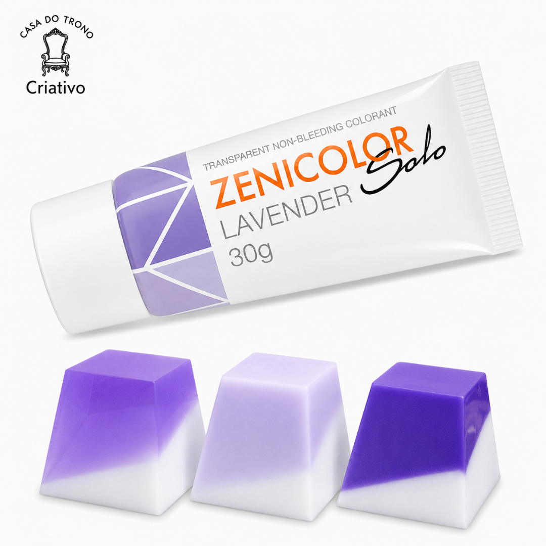 Tubo de tinta lilás ZENICOLOR Solo e três teclas de teclado em tons de roxo e branco
