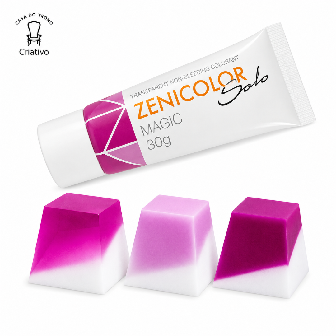 tubo branco com texto ZENICOLOR Solo e três cubos degradê roxo branco
