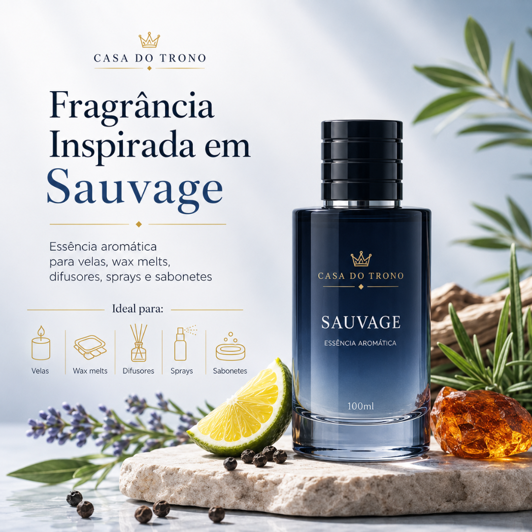 Frasco azul de essência aromática CASA DO TRONO Sauvage com limão, pimenta e cristal âmbar num ambiente natural