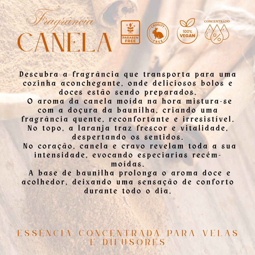 Fundo com canela moída e paus de canela, texto promocional sobre essência concentrada para velas e difusores com fragrância canela.