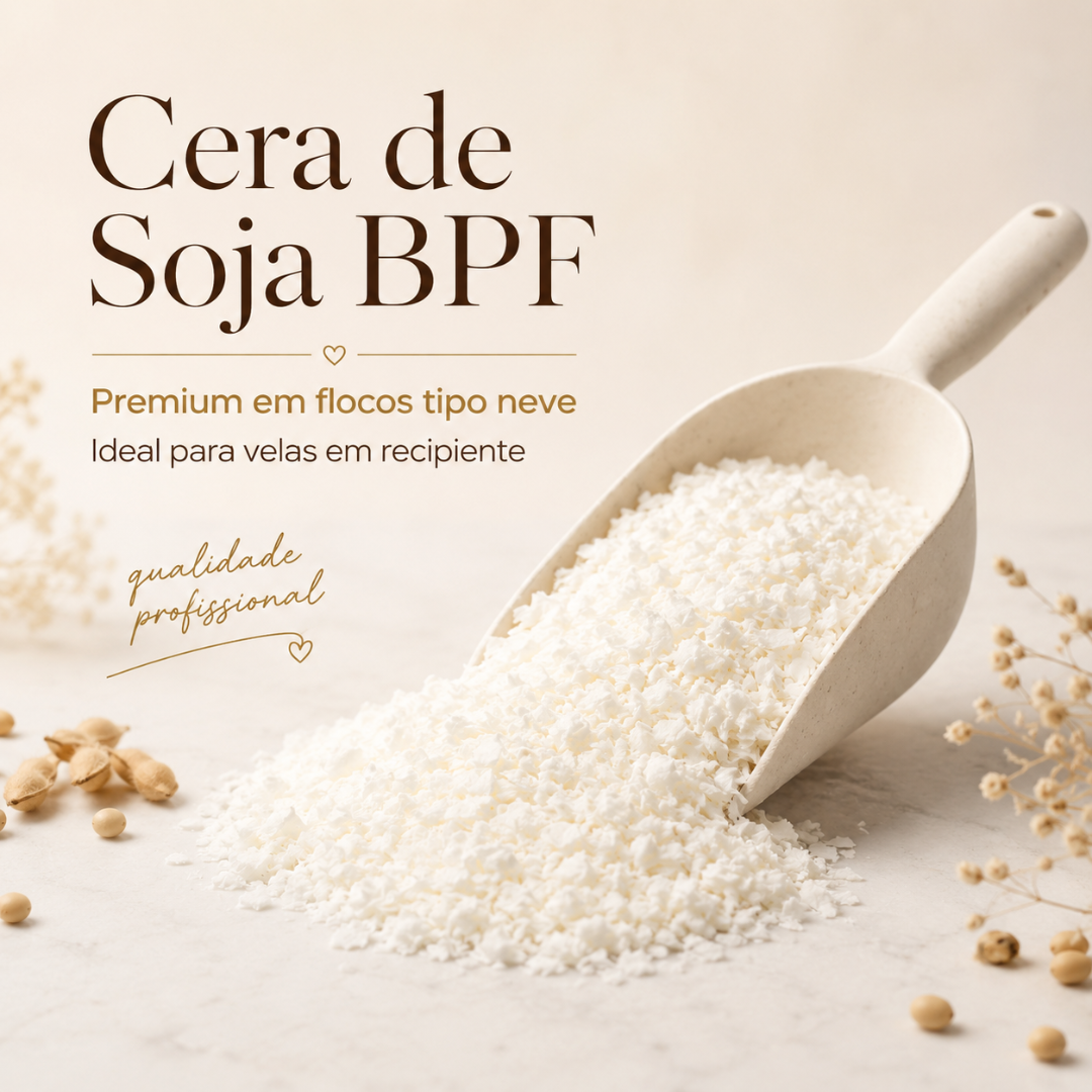 Cera de soja em flocos brancos com texto promocional em fundo claro