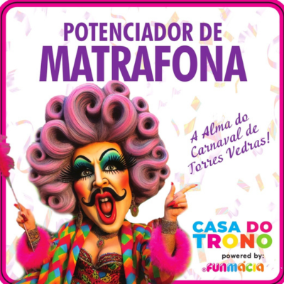 Personagem caricata com cabelo rosa e roupa colorida com texto promocional de carnaval.