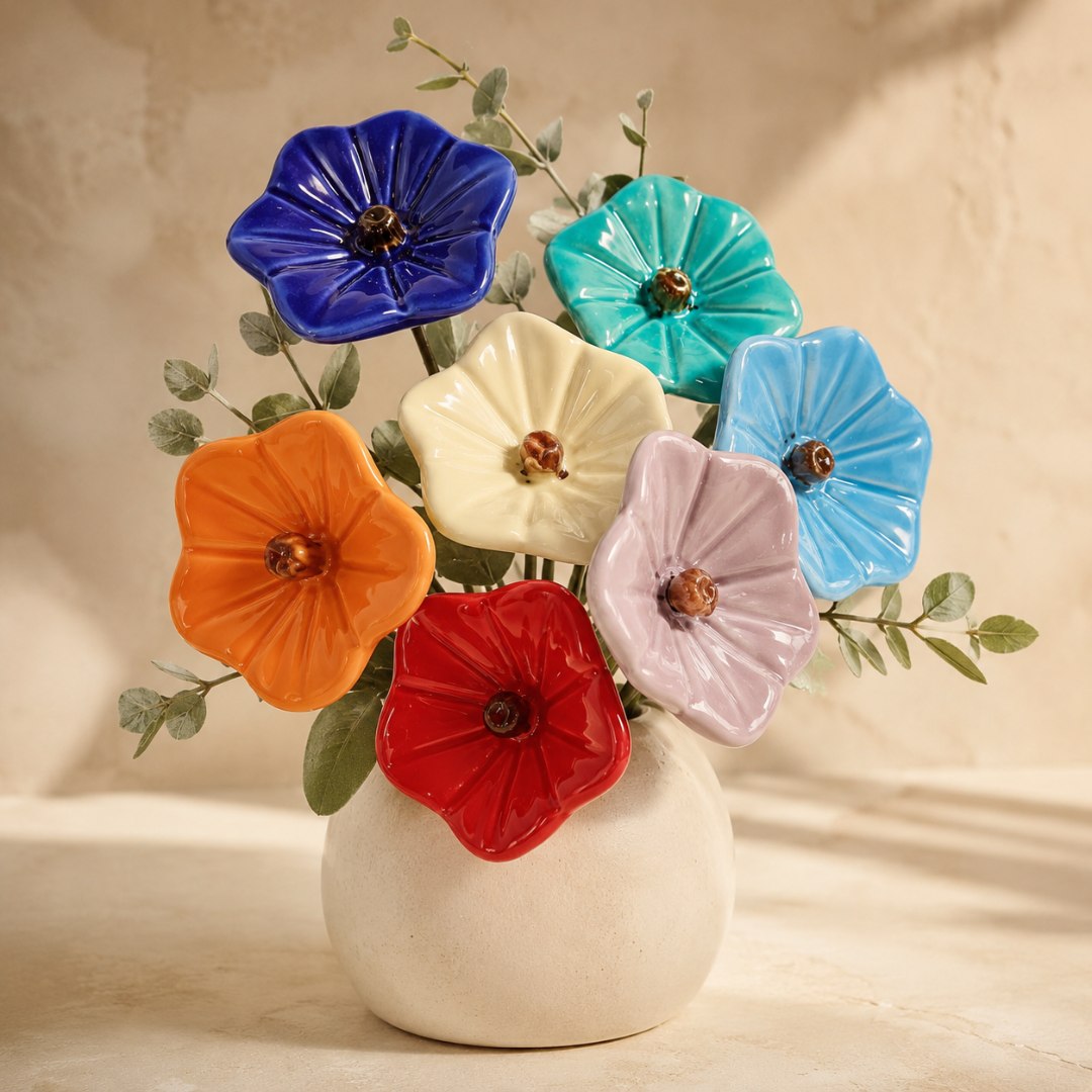 Arranjo de flores cerâmicas coloridas num vaso branco