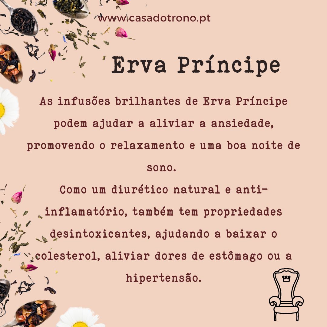 Descrição de Erva Príncipe com flores e ervas secas sobre fundo rosa claro