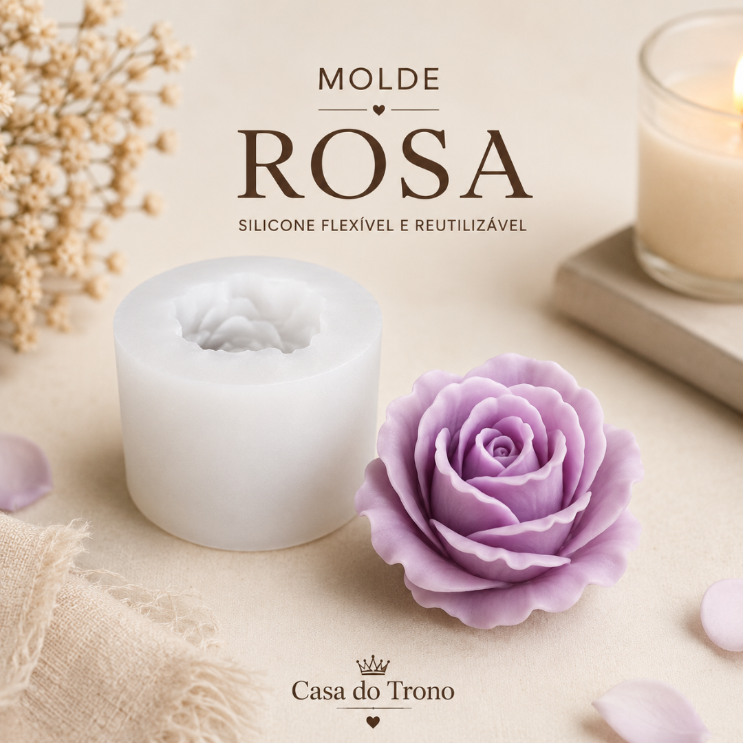 Molde de silicone branco flexível ao lado de uma rosa lilás decorativa