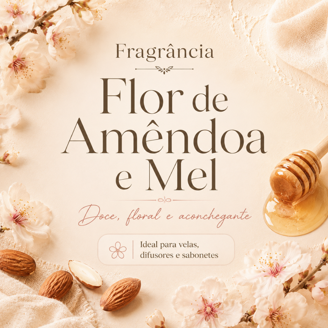 Fragrância Flor de Amêndoa e Mel com flores, amêndoas e colher de mel