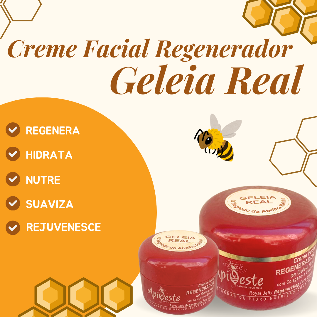 Dois frascos vermelhos de creme facial regenerador Geleia Real com texto promocional e ilustrações de hexágonos e abelha