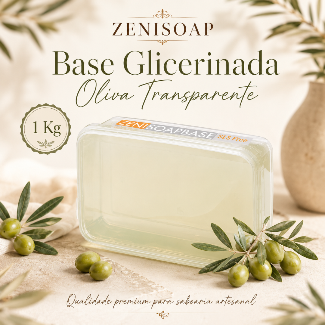Base de sabão glicerinada transparente com óleo de oliva numa embalagem plástica transparente com ramos de oliveira