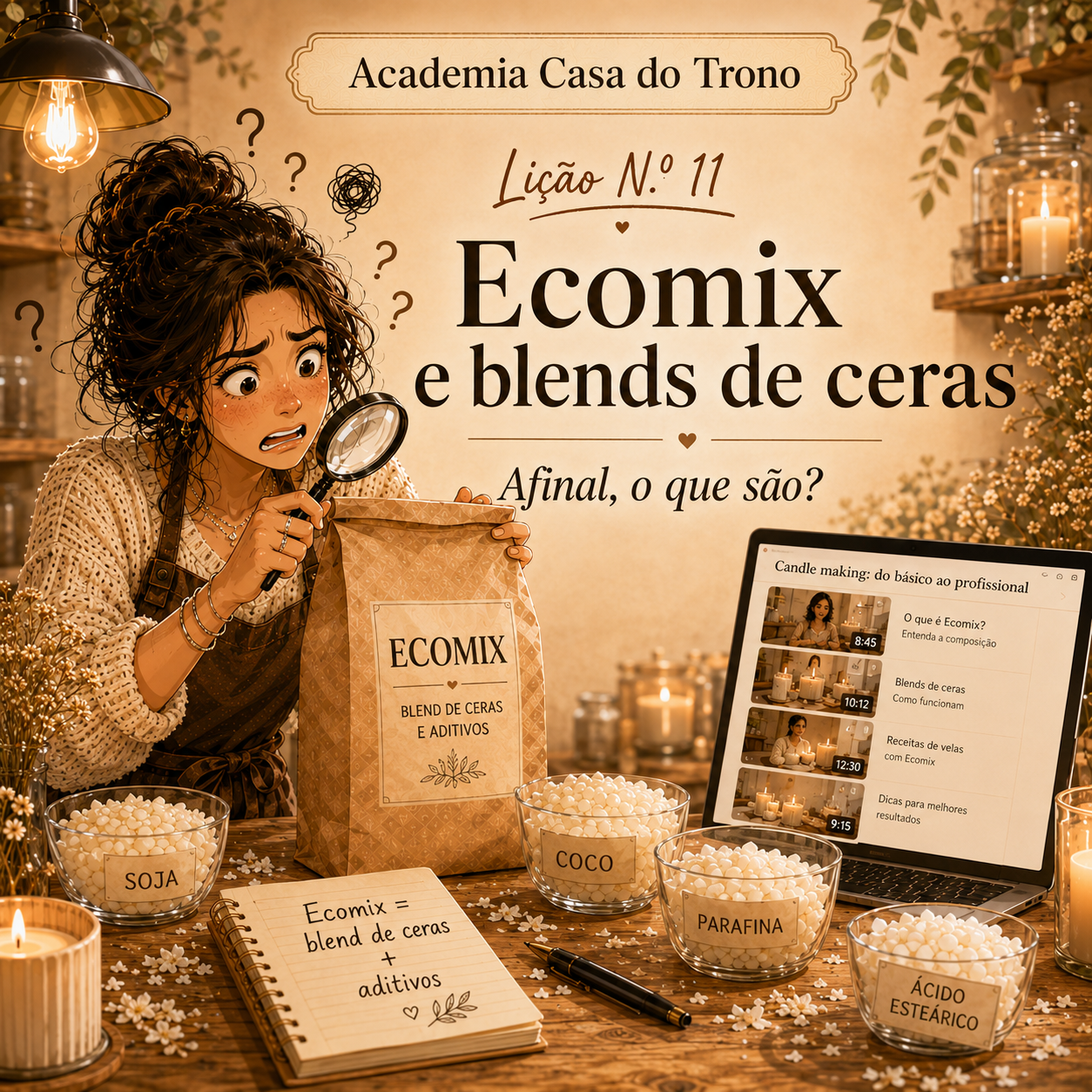 Li&ccedil;&atilde;o 11 da Academia Casa do Trono sobre Ecomix, blends de ceras e aditivos para velas artesanais