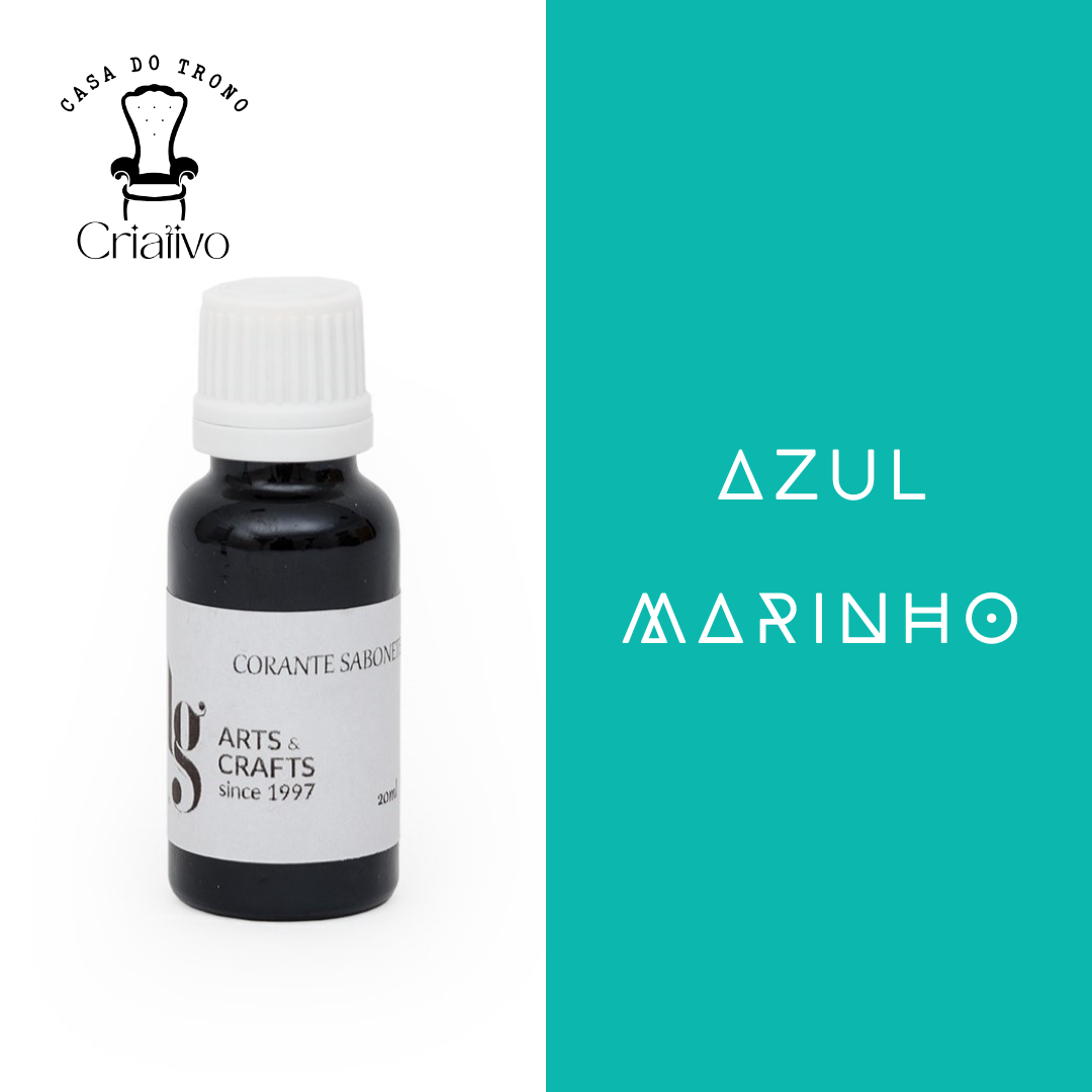Frasco plástico preto com tampa branca e rótulo branco ao lado de fundo azul com texto AZUL MARINHO