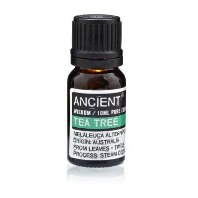 Frasco pequeno de óleo essencial Tea Tree marca Ancient com tampa preta
