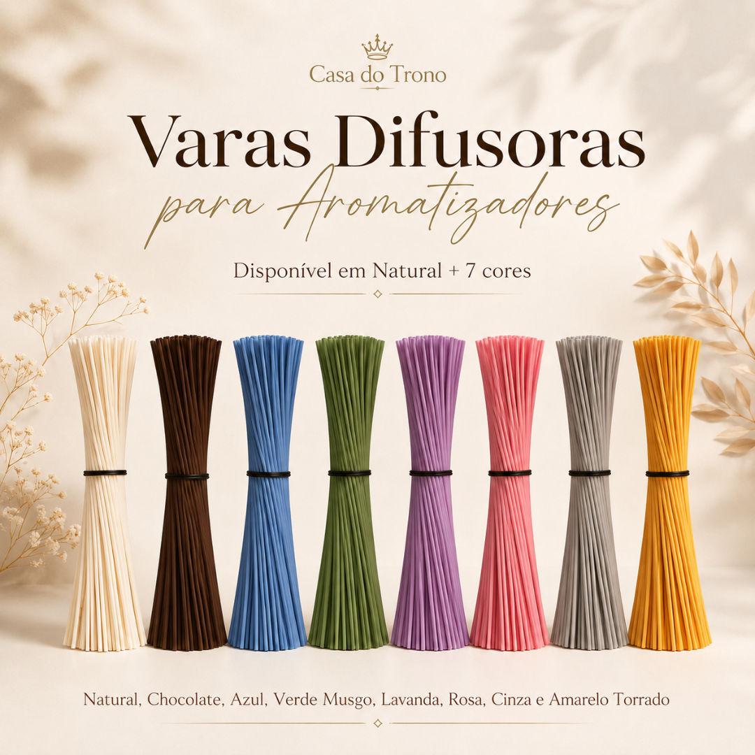 Varas difusoras para aromatizadores em diversas cores organizadas lado a lado em fundo neutro