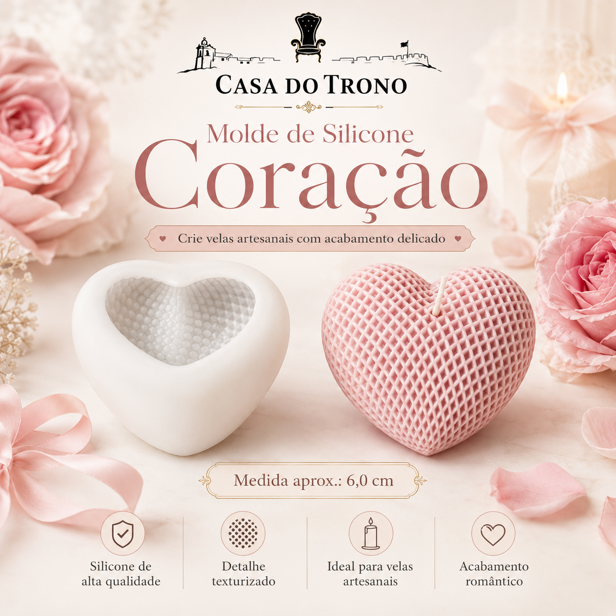 Molde de silicone em forma de coração com vela rosa e flores cor-de-rosa